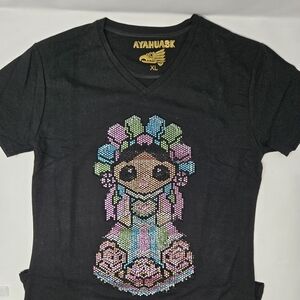 Black Graphic T-Shirt with Colorful Beaded Design Womens